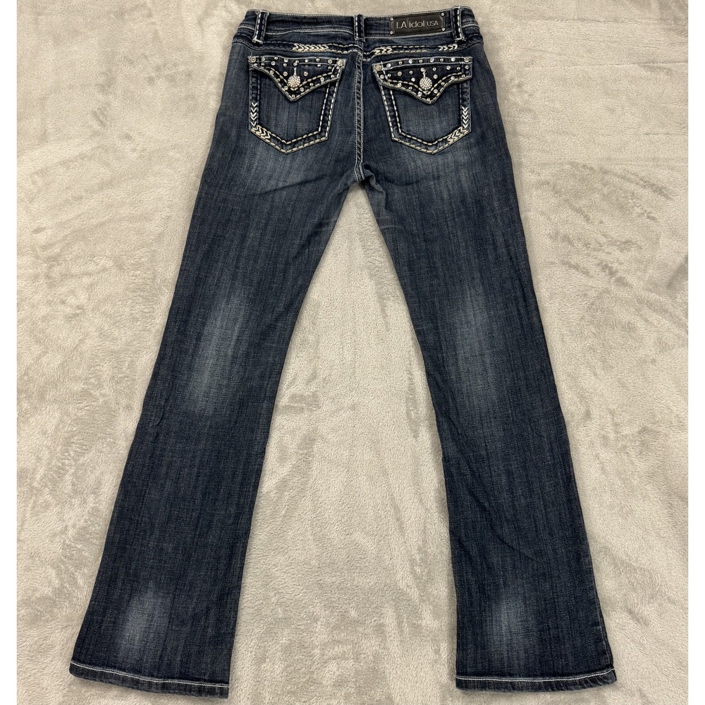 LA Idol Jeans Womens 13 Rhinestone Embellished Dark Wash Bootcut Thick Stitching